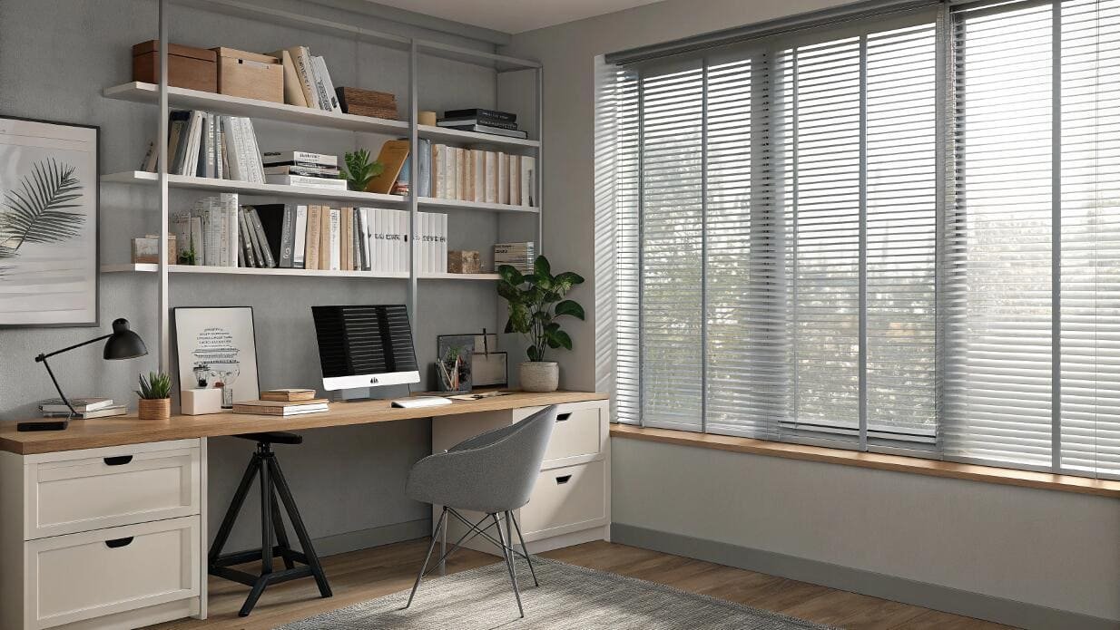 Inviting home office with sleek grey venetian blinds and a bookshelf.