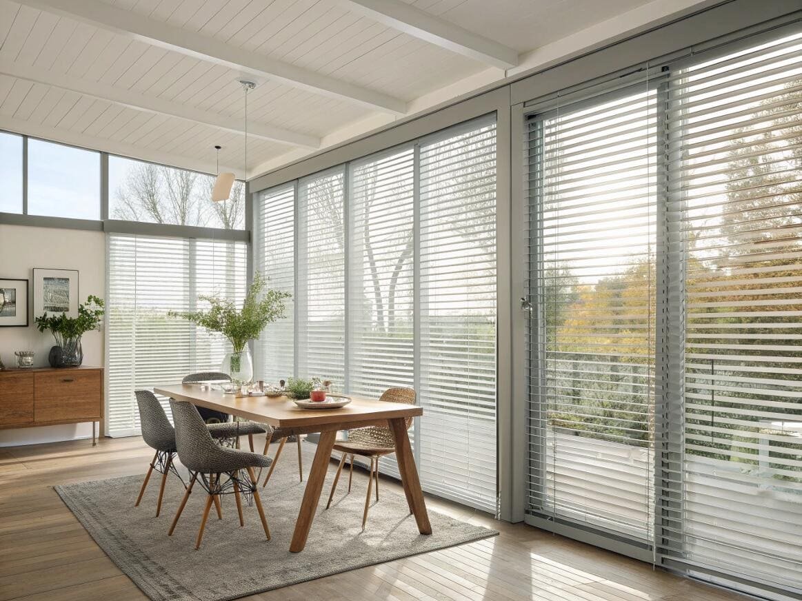 Spacious dining room with wide grey venetian blinds and outdoor view.