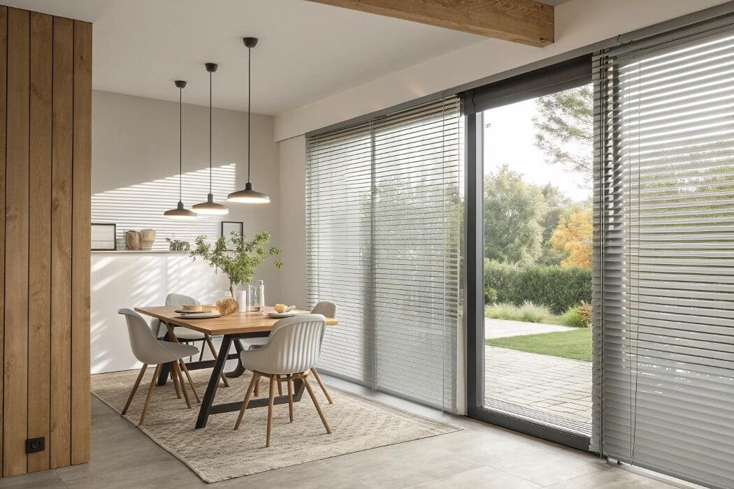 Modern dining room with grey venetian blinds on large glass patio doors.