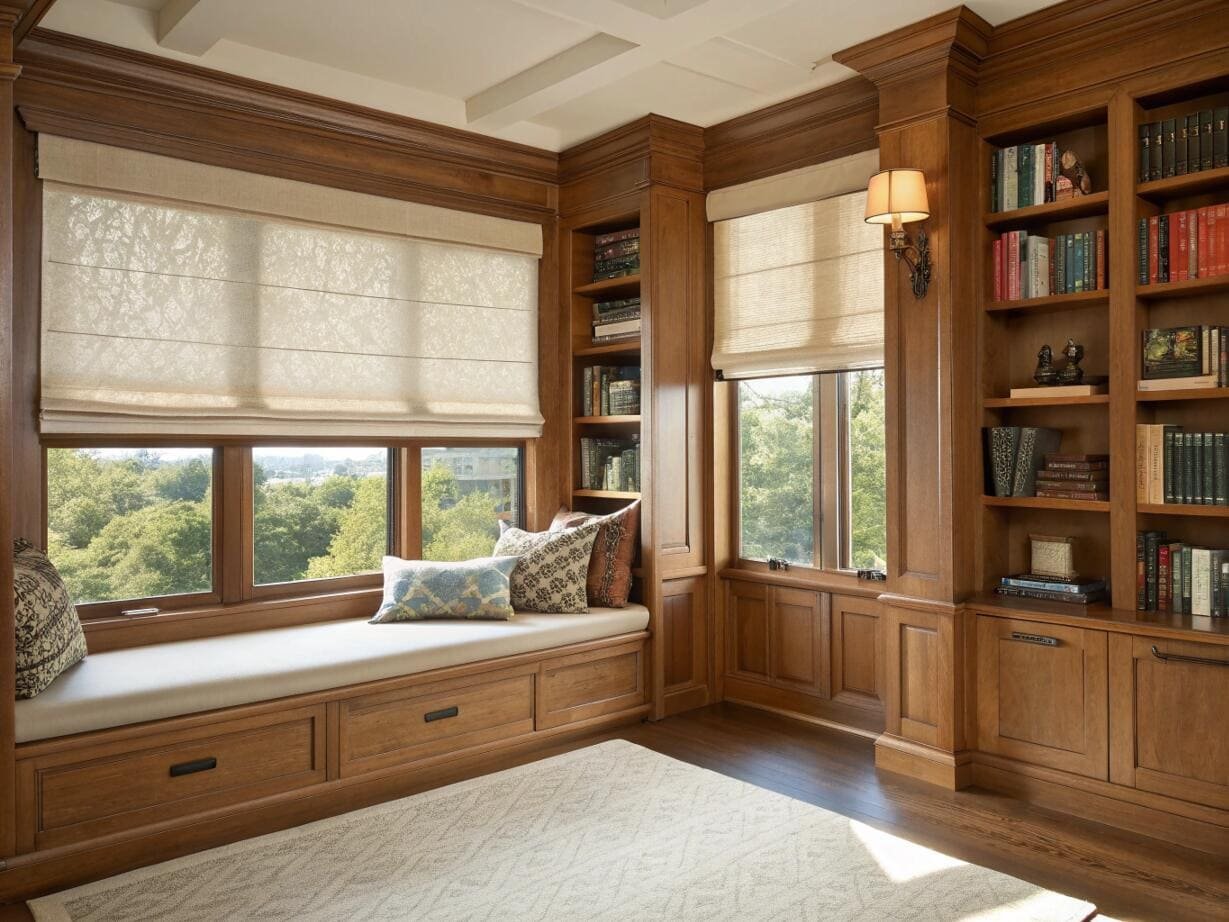Cozy reading nook with elegant roman shades and a built-in window seat.
