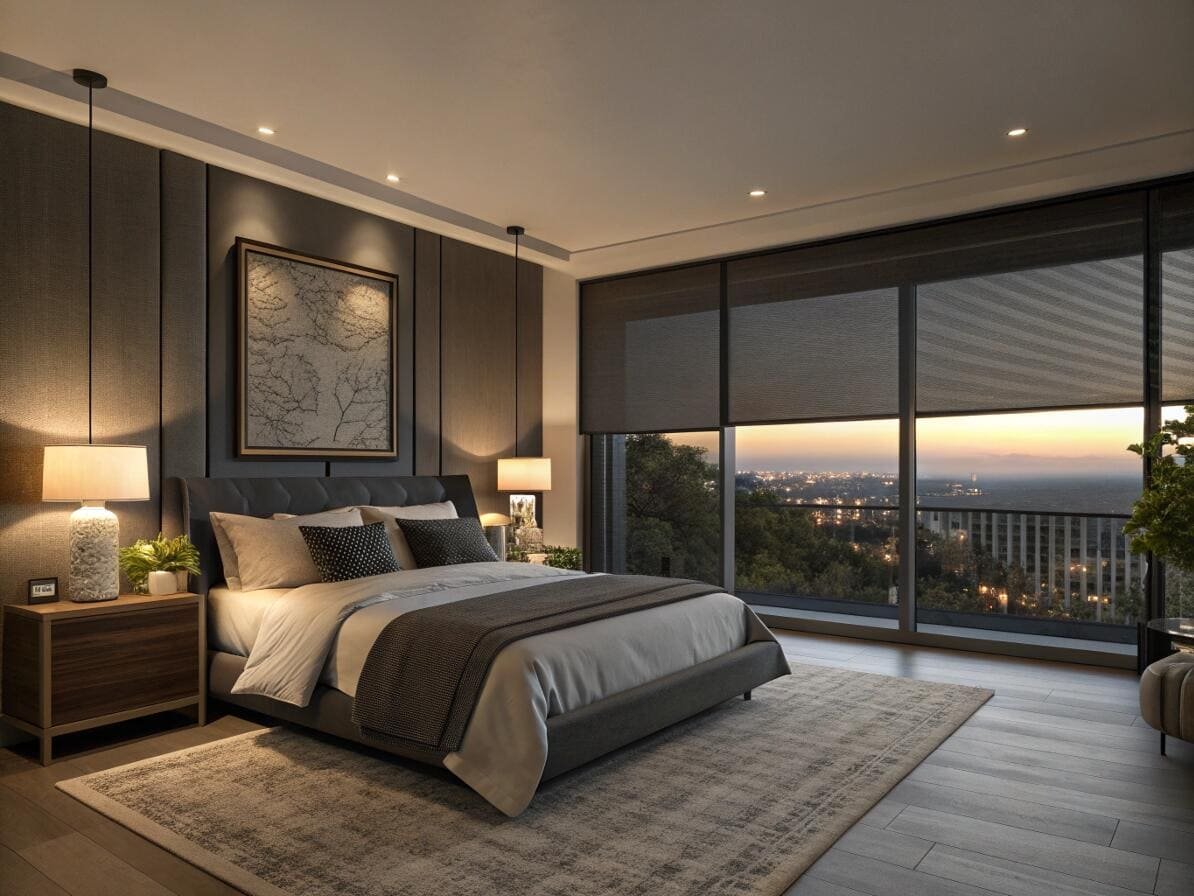Modern bedroom with blackout roller shades providing privacy and city skyline views.