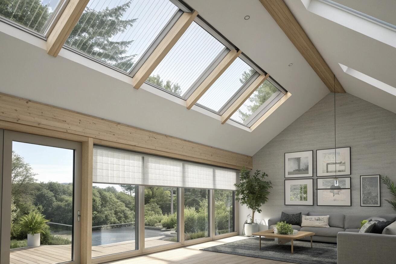 Living room featuring skylight cellular shades above sliding glass doors with shades.