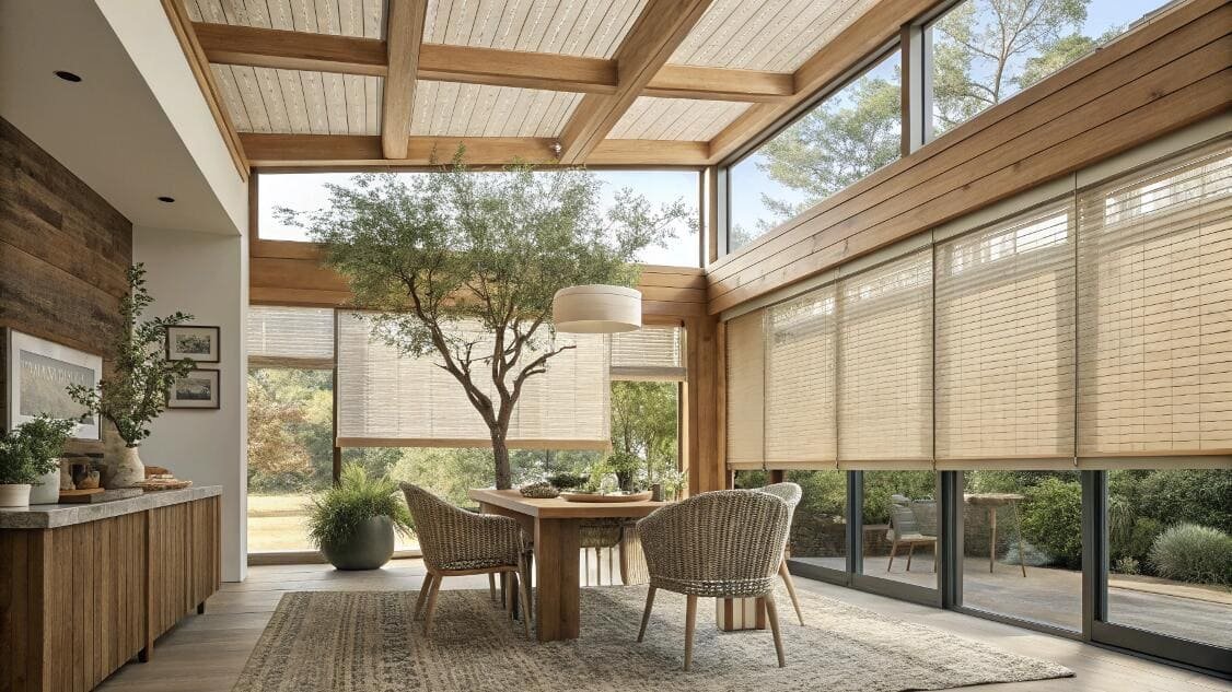 Sunroom featuring natural woven wood shades for filtered sunlight and nature views.