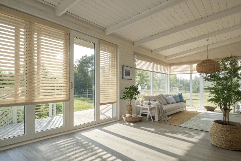 Sun-filled living room featuring horizontal blinds creating soft, diffused light.