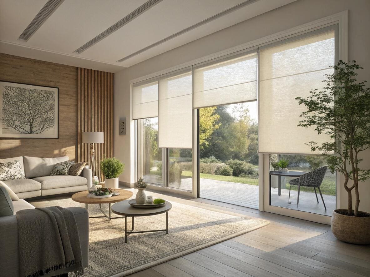 Living room featuring light filtering roman shades for privacy and elegance.