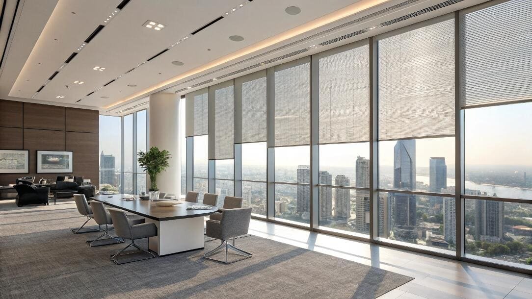 Bright boardroom featuring light filtering shades and urban landscape view.