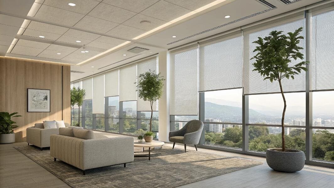 Corporate lobby with roller shades offering comfort and a panoramic view.