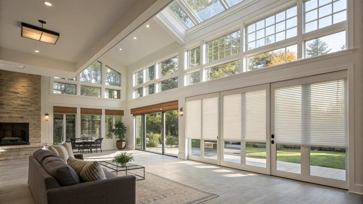 Spacious living room featuring a combination of roller and cellular shades.