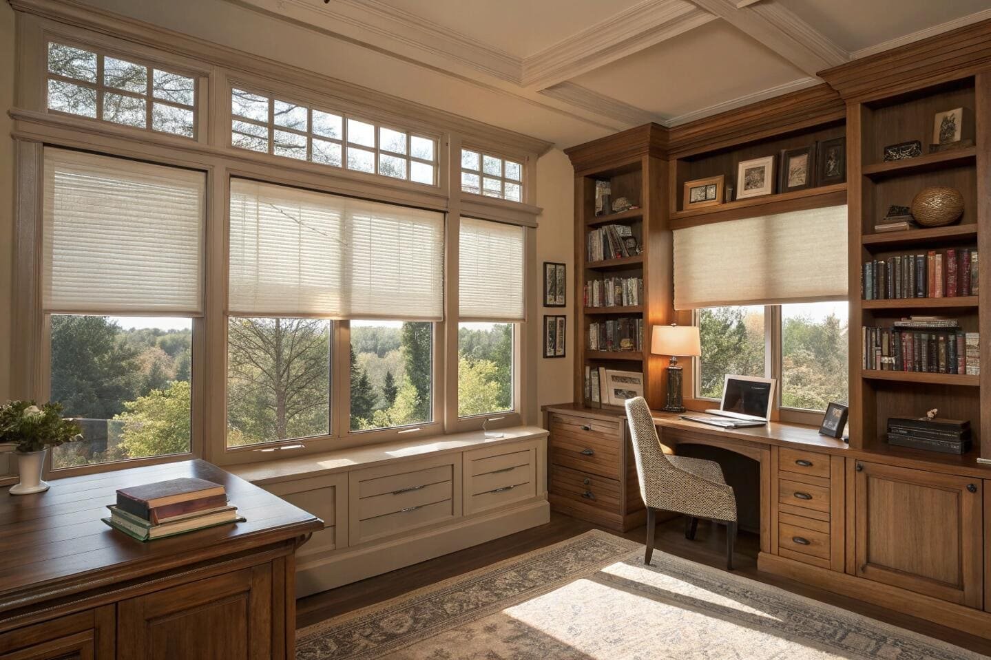 Classic home office featuring shades with a green forest view.