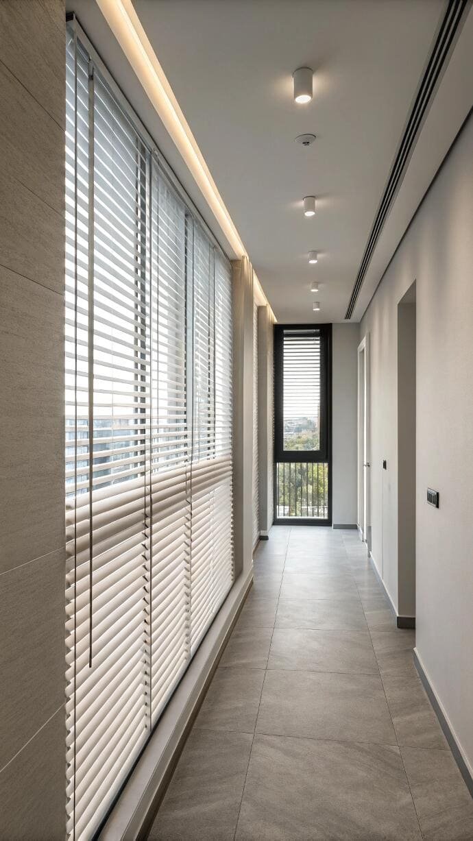 Modern hallway with white horizontal blinds on a long window wall.