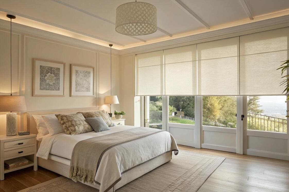 Calm bedroom featuring roman shades and an inspiring outdoor view.