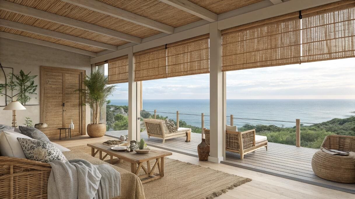 Luxury coastal living space with large woven roller shades overlooking the ocean.