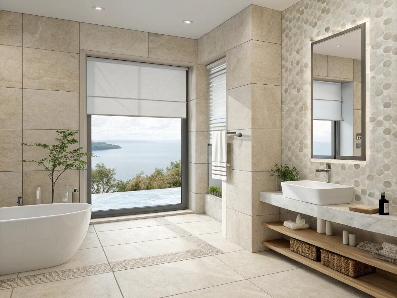 Luxury spa bathroom with a white Roman shade for privacy and style.