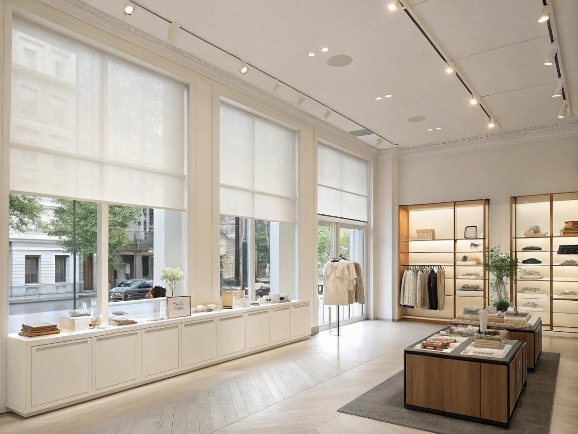 Chic retail boutique featuring large sheer roller shades for a bright, elegant interior.