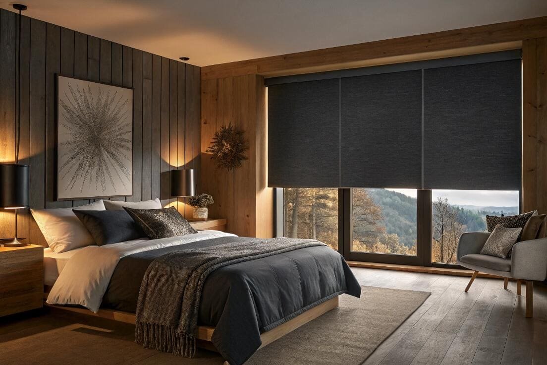 Modern bedroom with dark blackout roller shades for ultimate light control and privacy.