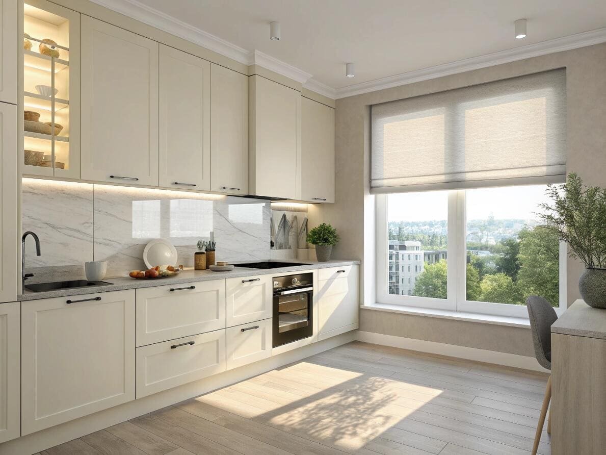 Minimalist kitchen with a simple light-filtering roller shade for a clean aesthetic.