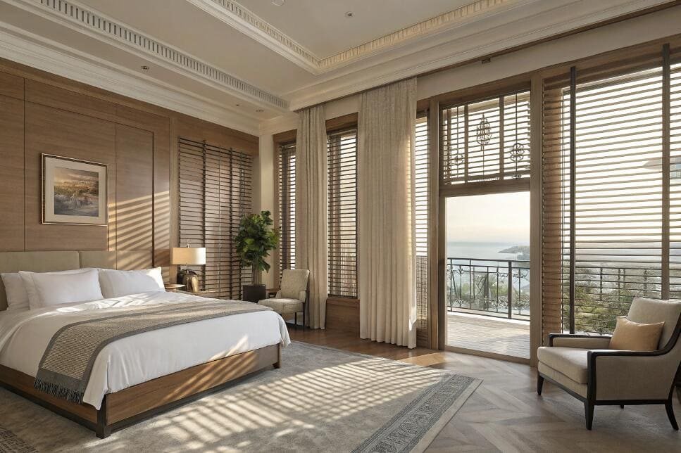 Luxurious bedroom featuring wooden horizontal blinds on floor-to-ceiling windows.