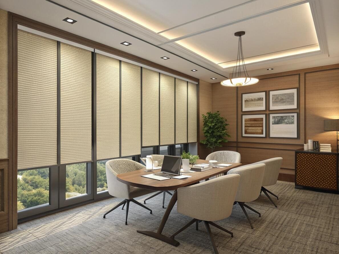 Executive office featuring commercial-grade roller shades for privacy and light management.