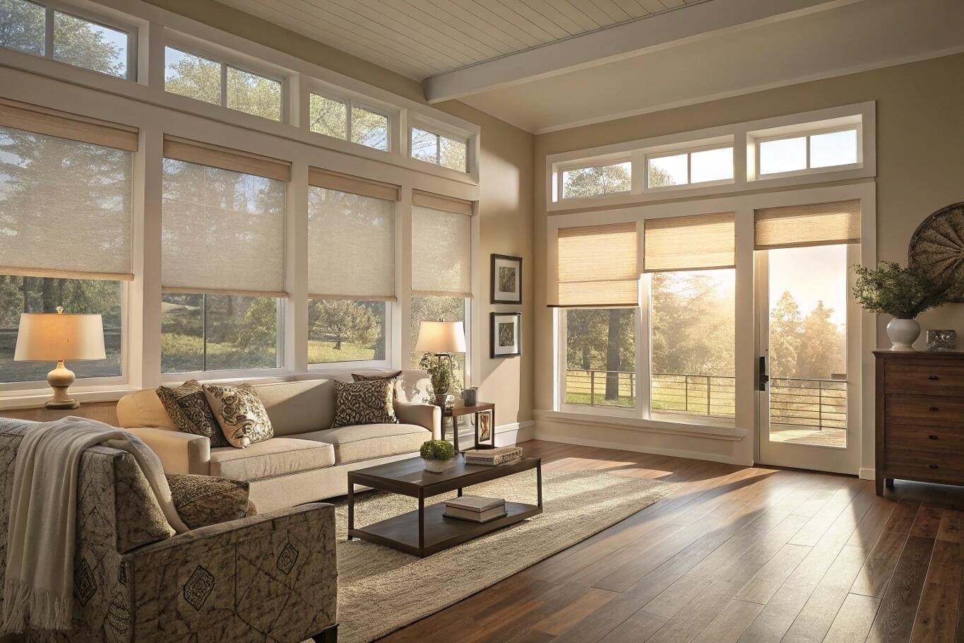 Sunlit living room with natural woven solar shades preserving the outdoor view.