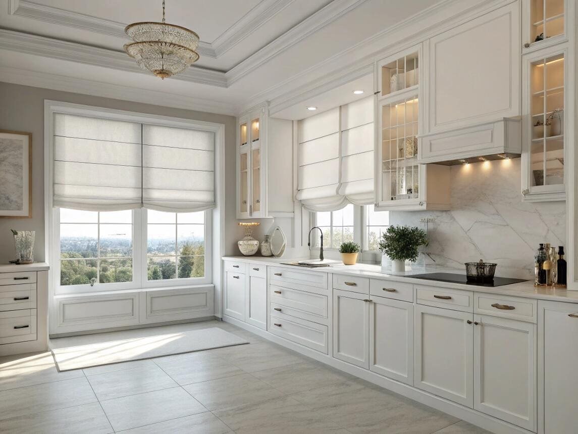 Luxury all-white kitchen with custom white fabric Roman shades for elegance.