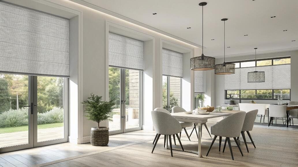 Bright dining room with grey light-filtering roller shades on French doors.