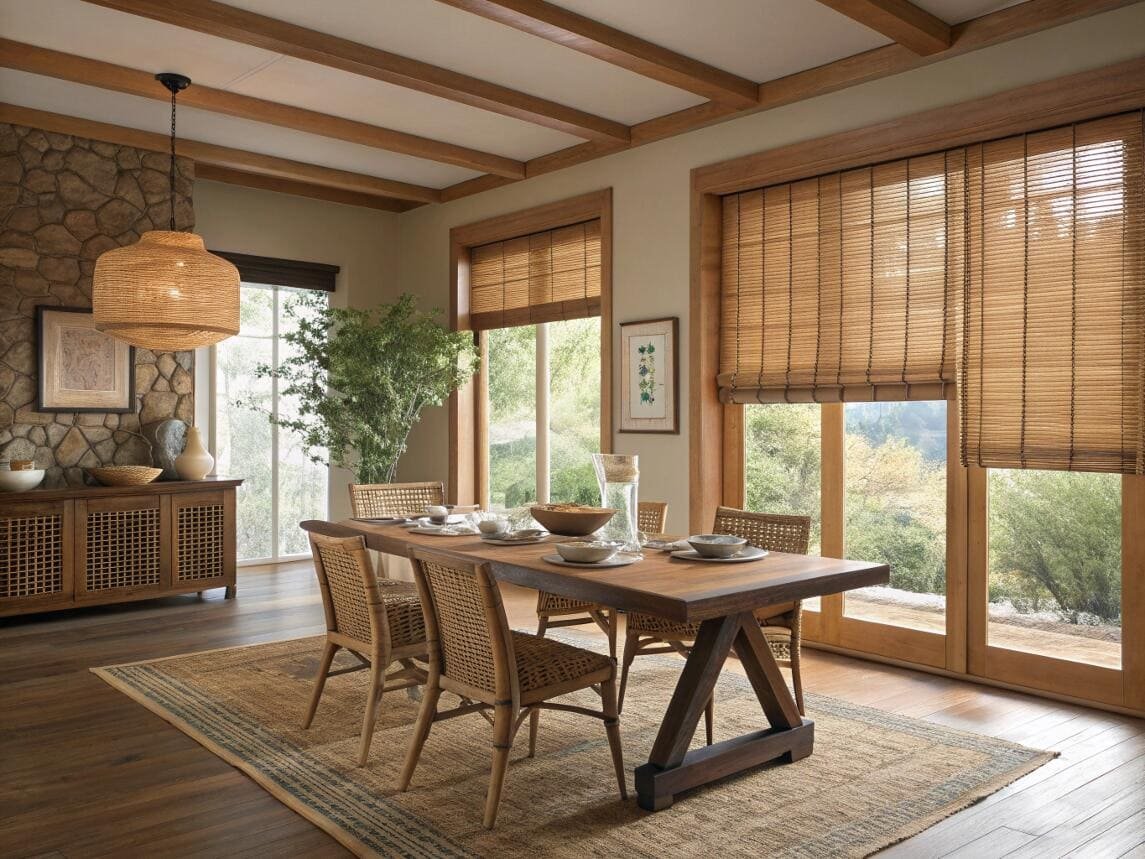 Rustic dining room with natural woven wood shades for an organic, warm style.