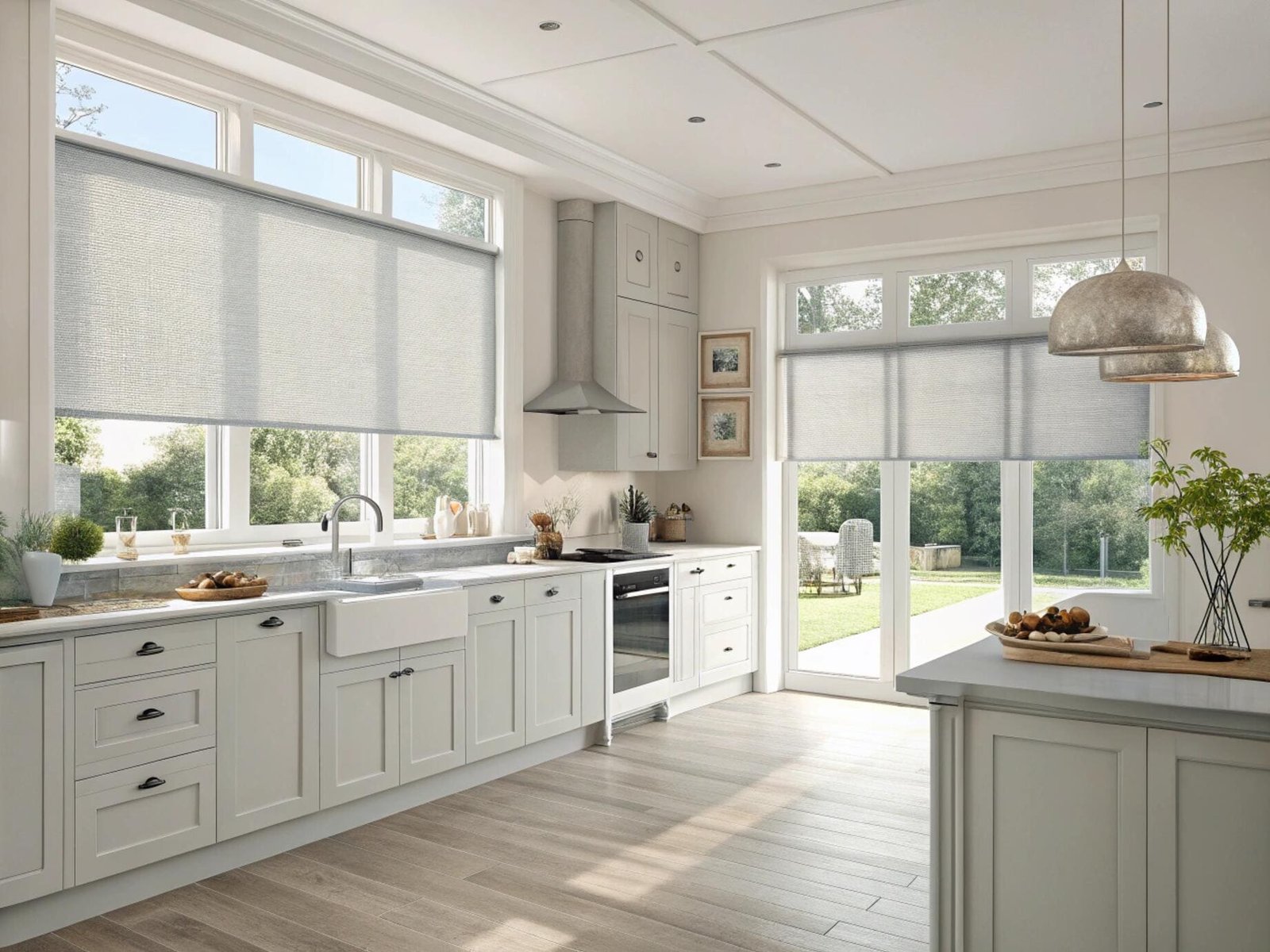 Modern farmhouse kitchen with light-filtering roller shades for a clean, bright aesthetic.