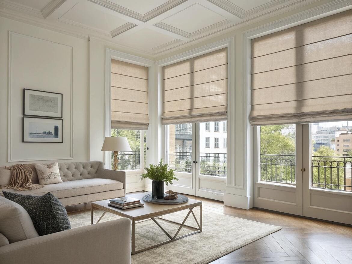 Chic living room with tall windows dressed in tailored flat Roman shades.