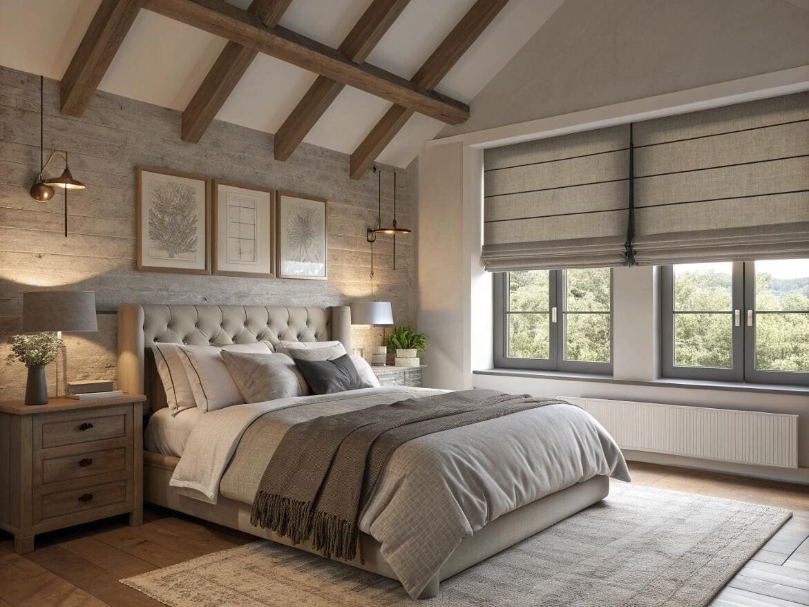 Rustic-chic bedroom with custom flat Roman shades adding texture and warmth to windows.
