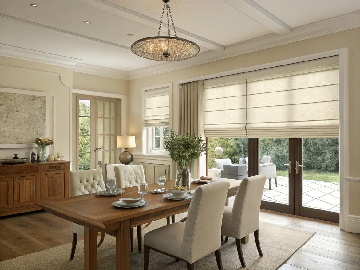 Formal dining room with off-white custom Roman shades on patio doors and windows.
