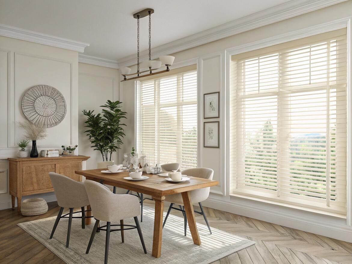 Elegant dining room with cream-colored faux wood blinds for a refined and polished look.