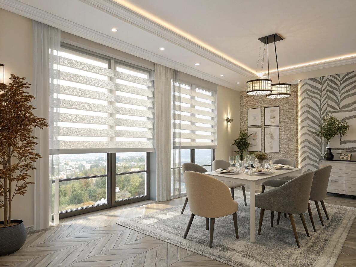 Elegant dining room with light-filtering zebra shades offering versatile privacy and light control.
