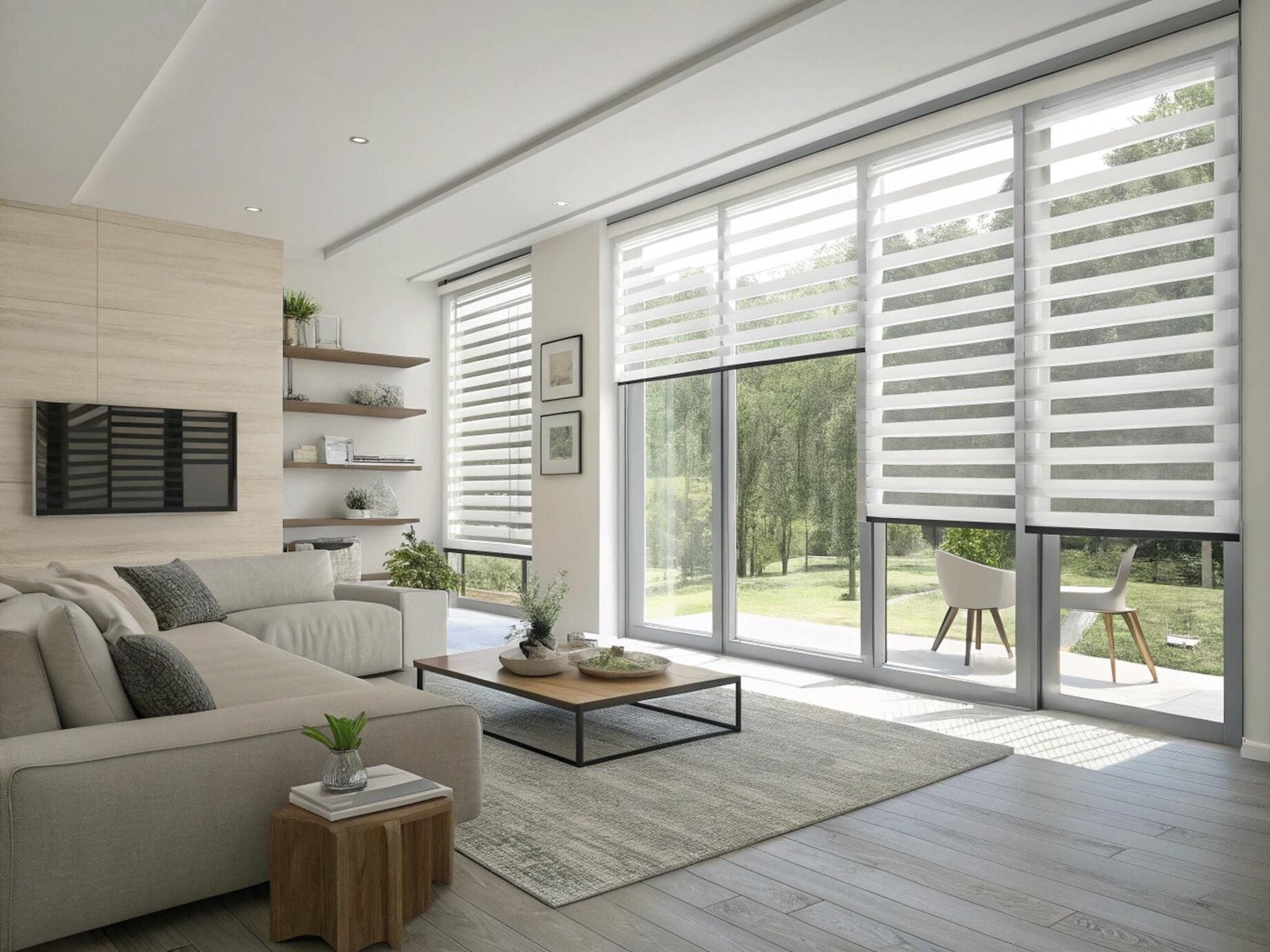 Minimalist living room with white zebra shades on floor-to-ceiling glass patio doors.