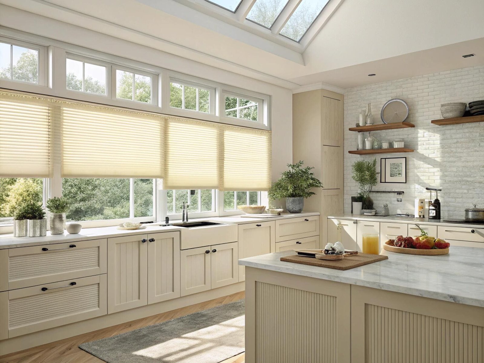 Farmhouse kitchen with cream cellular shades installed below transom windows for a bright atmosphere.