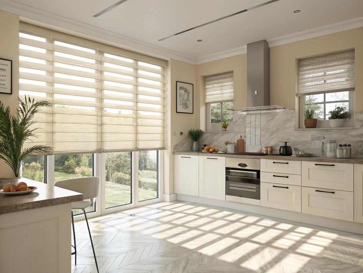 Sunlit kitchen with large, natural-toned zebra shades for warm, adjustable light filtering.