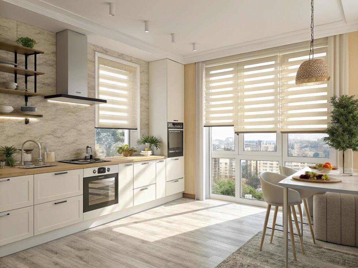 Bright modern kitchen with cream-colored zebra shades for perfect, adjustable natural light control.