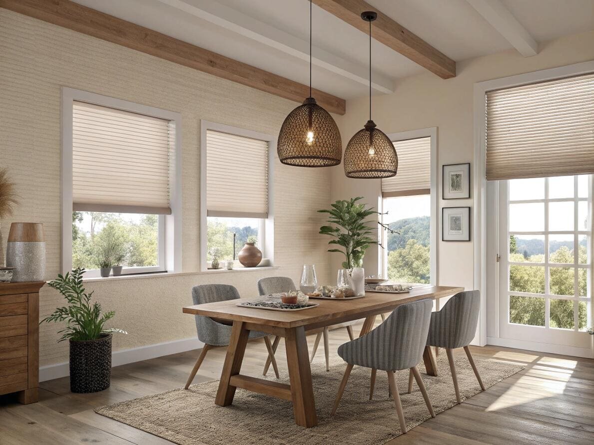 Inviting dining room with light-filtering cellular shades ideal for residential project sourcing.