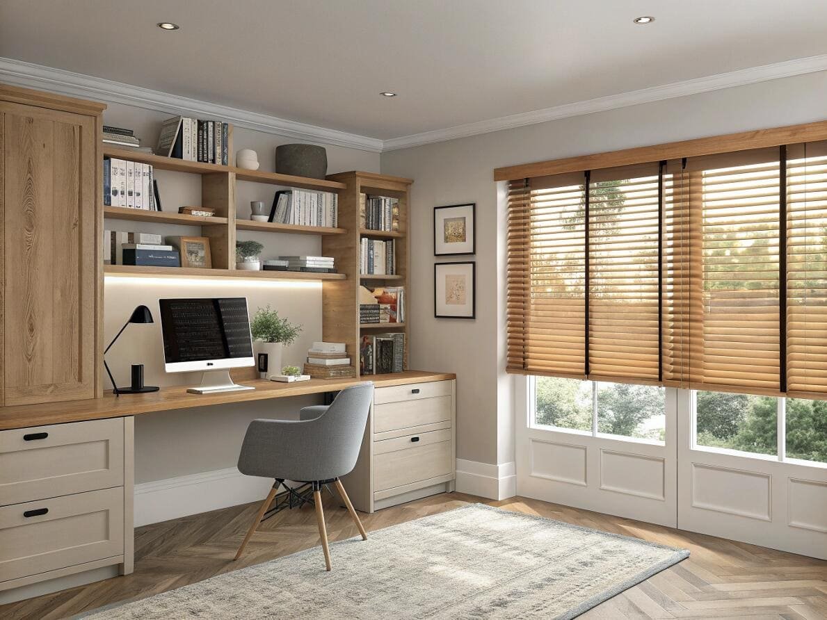 A warm home office with custom wood venetian blinds for a cohesive design.
