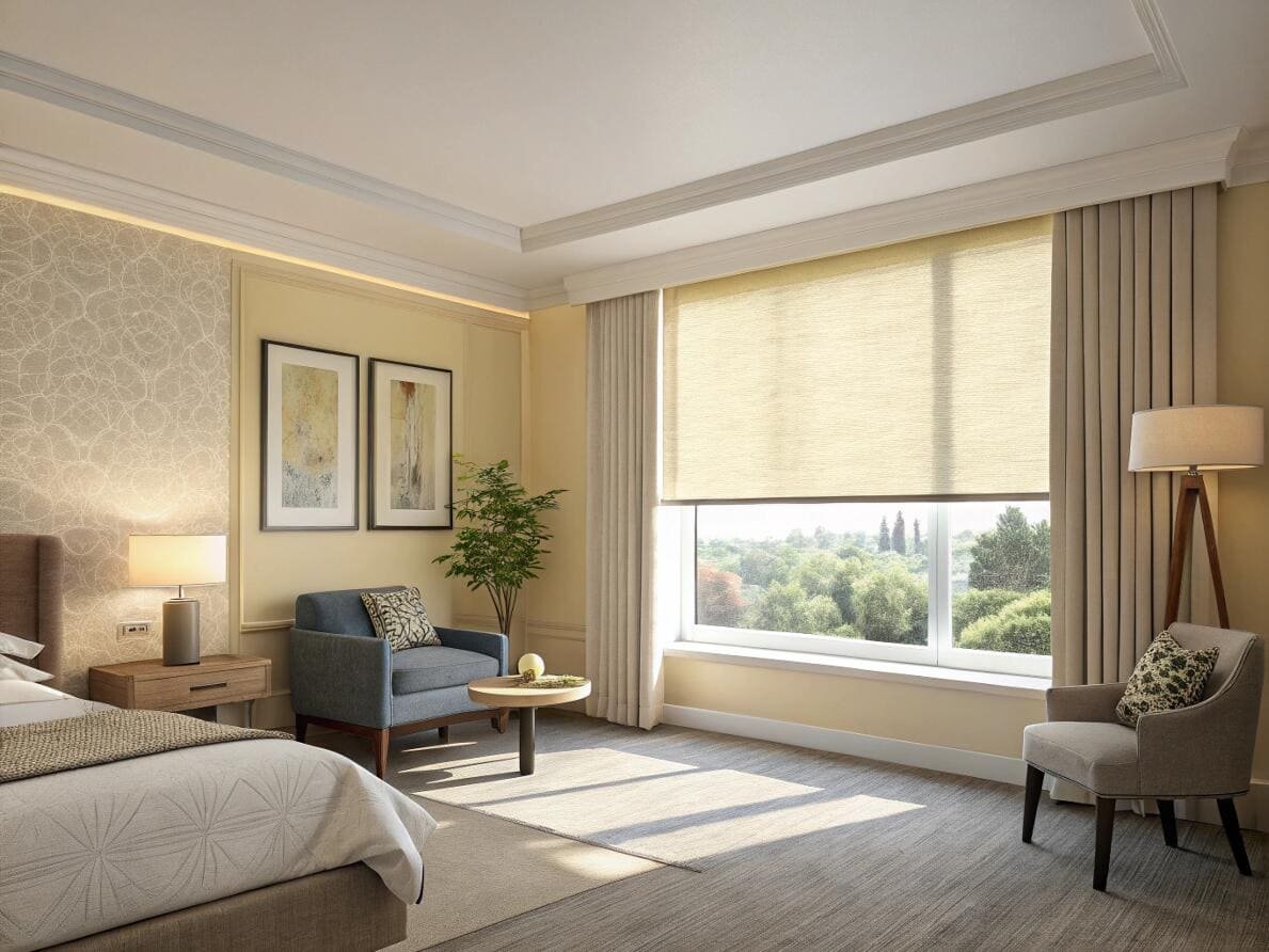 Sunlit, relaxing bedroom featuring a single wide, light-filtering yellow roller shade.
