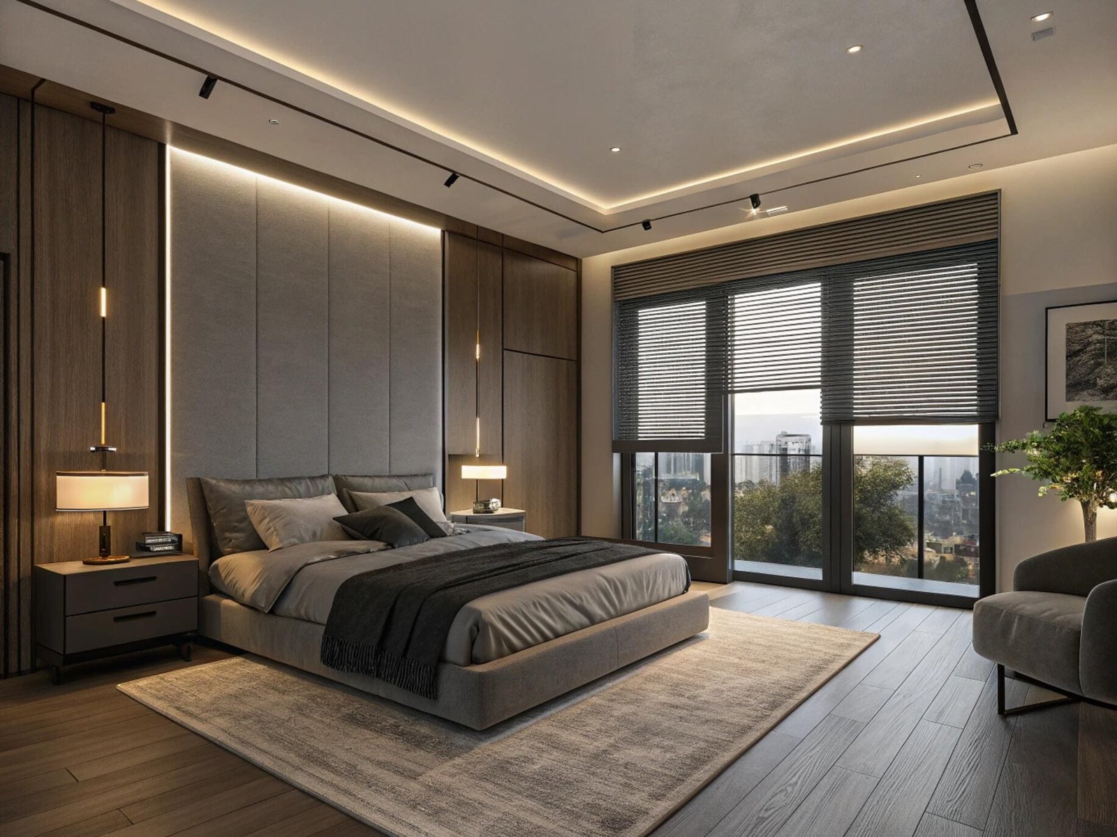 Contemporary bedroom with dark pleated blinds offering privacy and modern design cohesion.