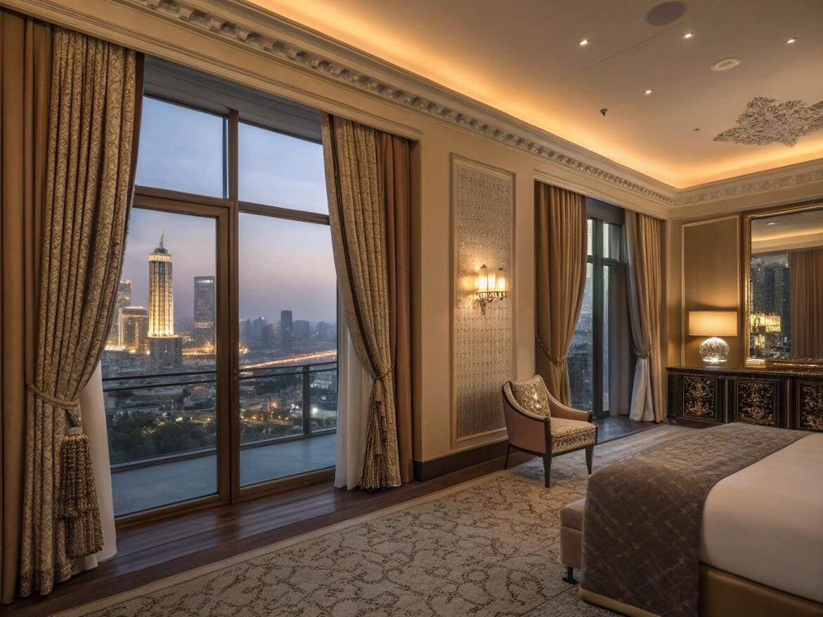 Elegant hotel suite featuring custom blackout drapery for a luxurious guest experience.