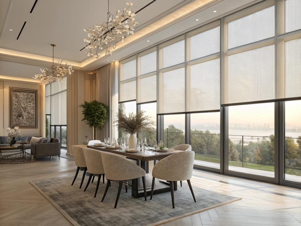 Elegant dining room with large-scale motorized solar shades preserving the scenic view.
