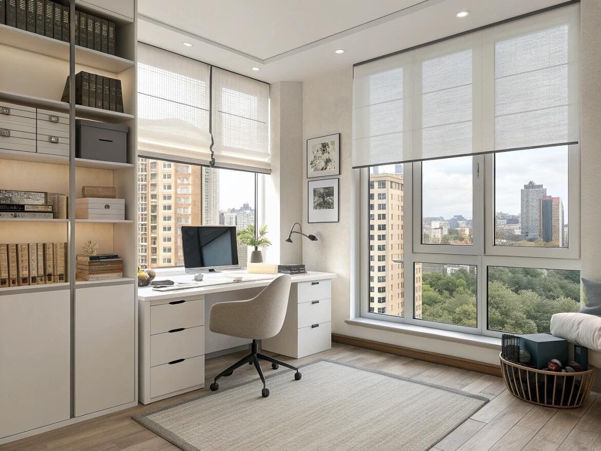 Bright home office with light-filtering Roman shades providing a productive, glare-free workspace.