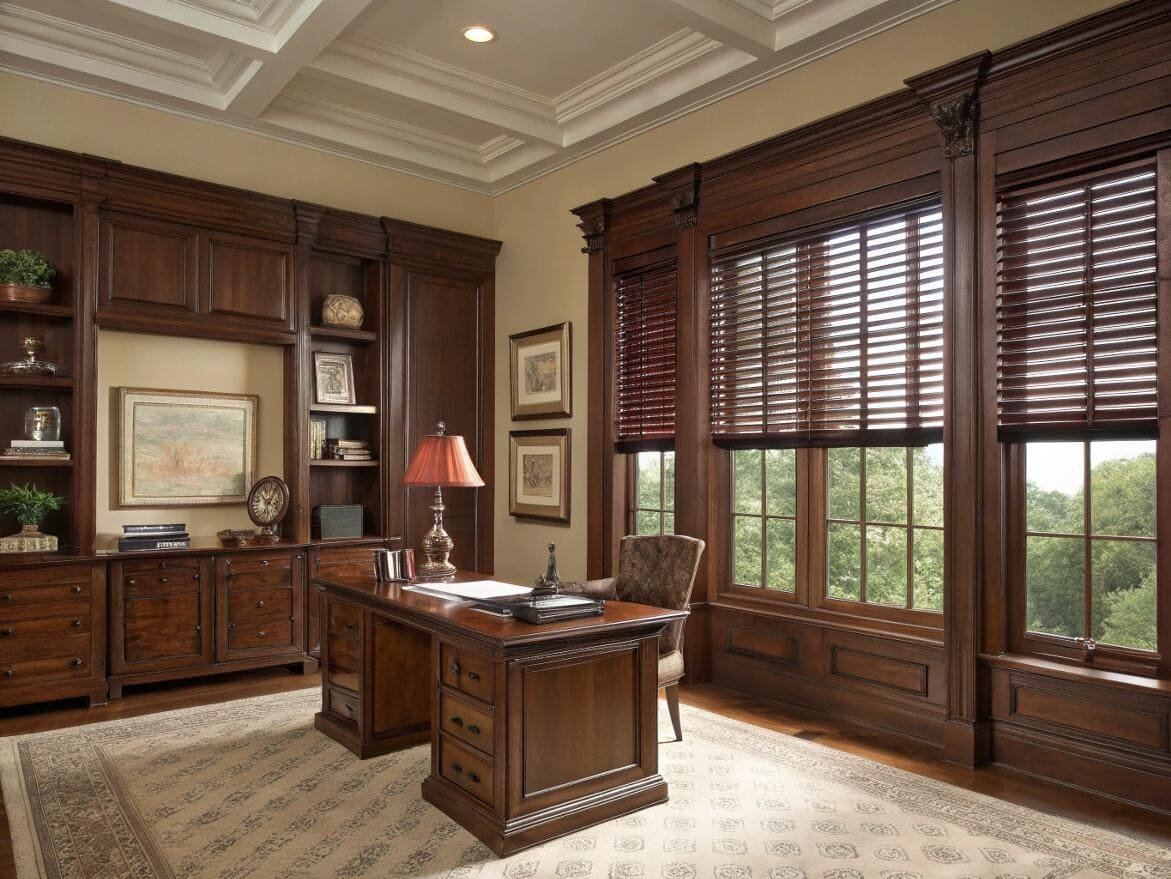 Executive home office with elegant, dark wood venetian blinds for a sophisticated look.