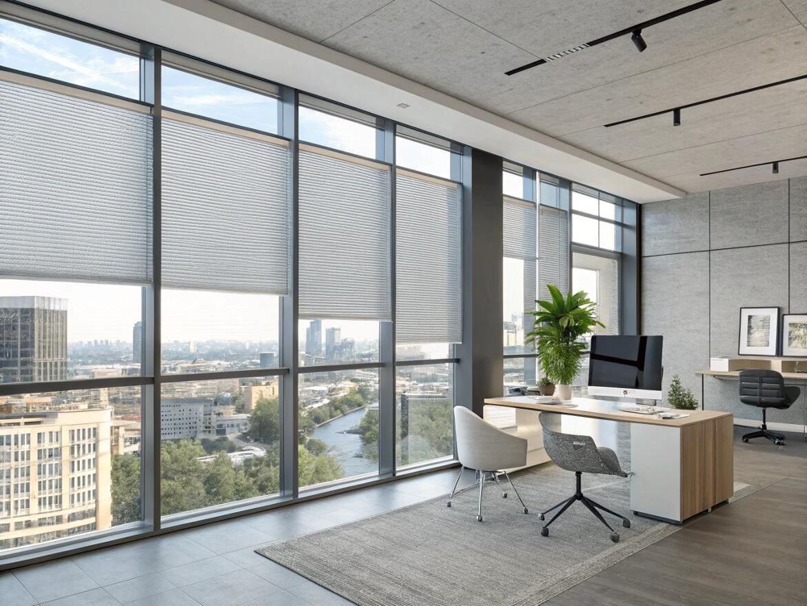 High-rise commercial office using top-down cellular shades for light control and city views.