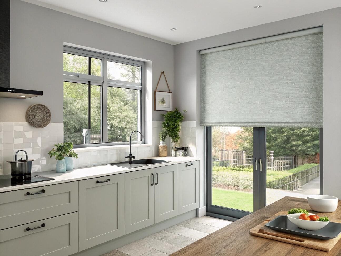 Modern kitchen with an easy-to-clean, light gray roller shade for practical light control.