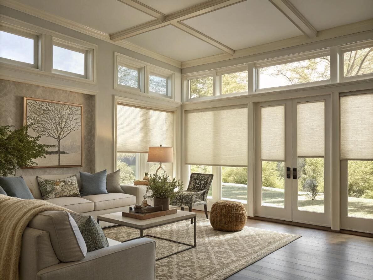 Traditional living room with energy-efficient cellular shades on windows and French doors.