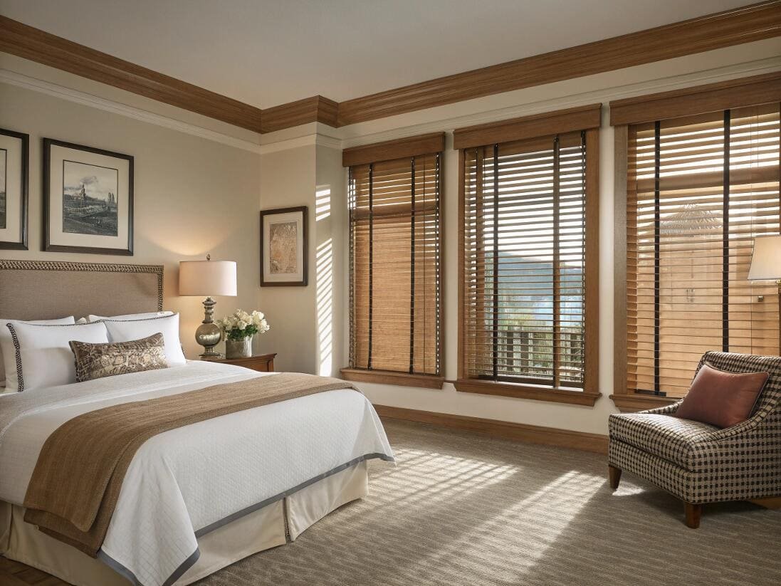 Classic bedroom design featuring rich wood blinds with decorative tapes for timeless style.
