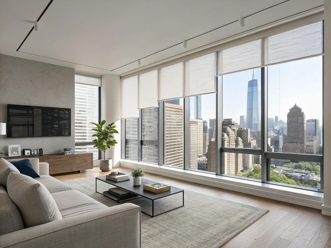 Urban living room with smart cellular shades managing light with a scenic city view.