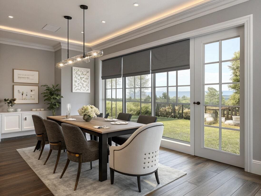 Elegant dining room featuring motorized blackout roller shades for complete privacy and light control.
